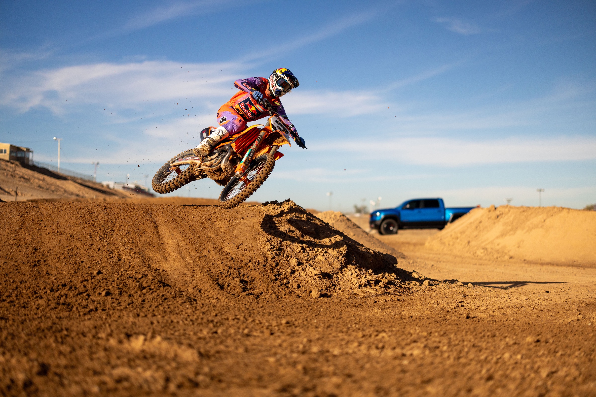 Supercross rider charging through a corner at Arizona Cycle Park